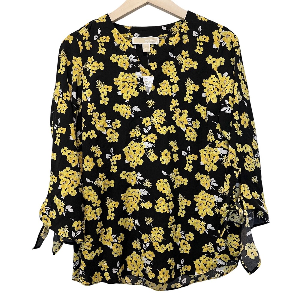 NWT Michael Kors Floral-Print Peasant Top Black / Golden Yellow Small